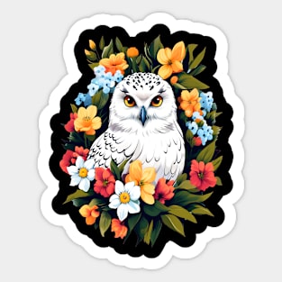 Cute Snowy Owl Surrounded by Bold Vibrant Spring Flowers Sticker